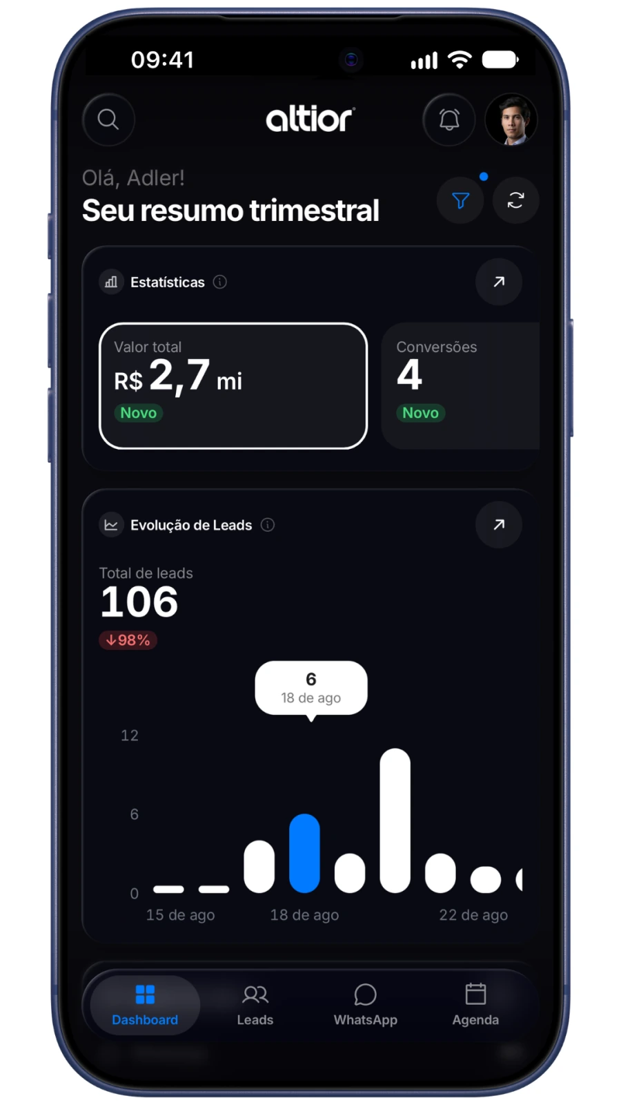 Altior CRM aberto no celular